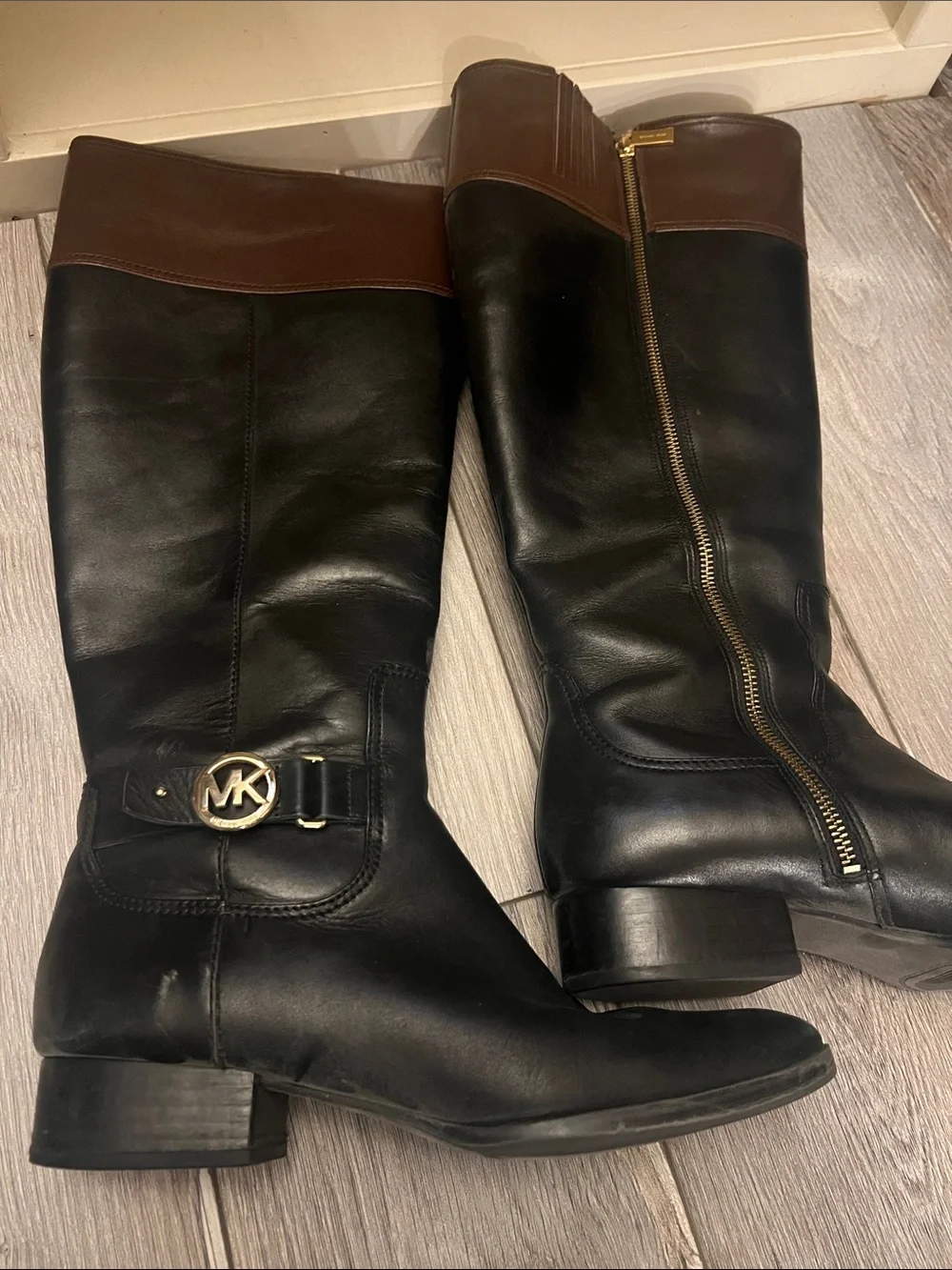 Michael Kors Black and Brown Two-Tone Leather Riding Boots